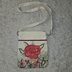 Embroidered Pink Rose Linen Crossbody Bag Purse Sequin Floral Metallic New